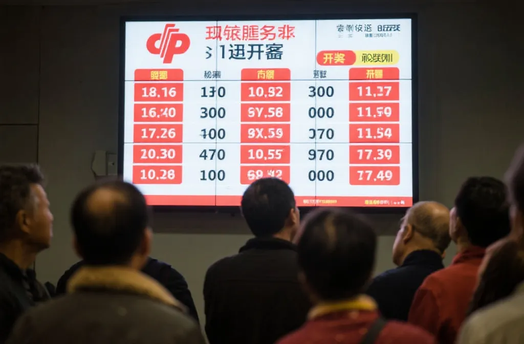 公众在查看彩票信息，屏幕上显示开奖数据